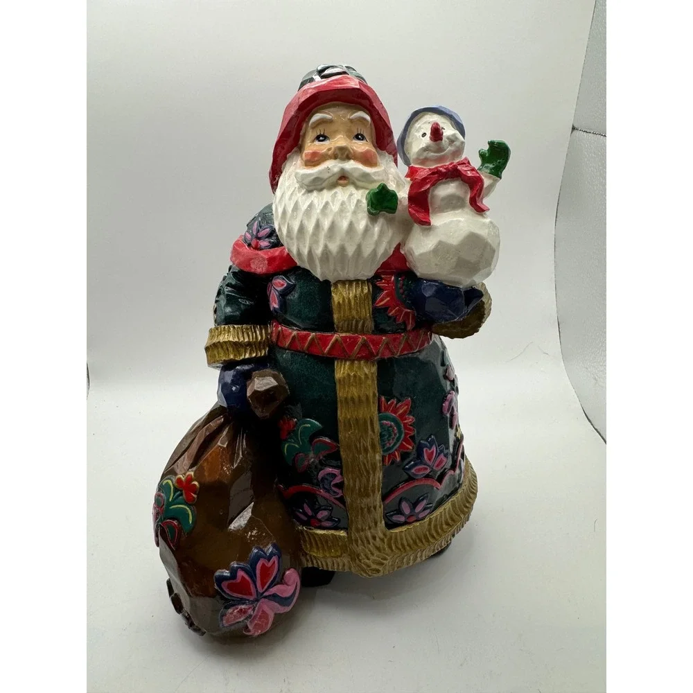 Santa Claus Figurine with Snowman and Gift Sack Festive Holiday Decor